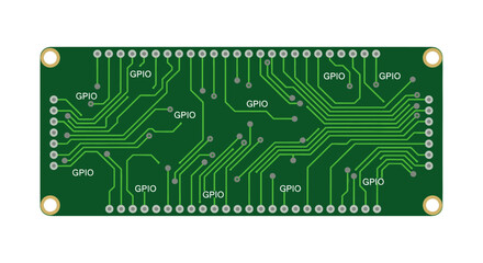 Green circuit board with gold contacts and labeled ports, digital electronic components, vector illustration