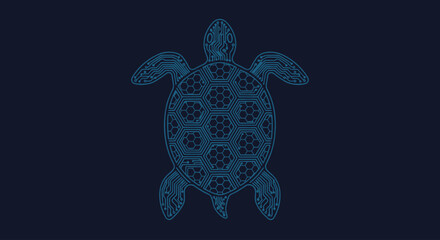 Electronic circuit board pattern in the shape of a stylized sea turtle, blue on dark blue.