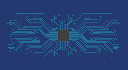 Abstract blueprint of a central processing unit with radiating blue circuit lines on a dark blue background.