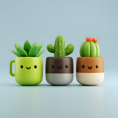 Smiling Cartoon Cactus and Succulents in Pots