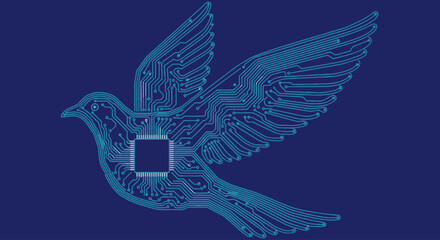 Blue electronic circuit board bird silhouette with integrated circuit chip on dark blue background