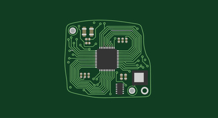 Central processor on a green circuit board with intricate pathways and electronic components.