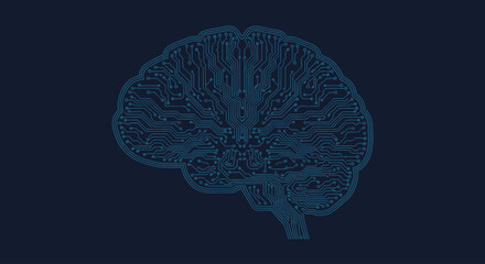 Digital brain silhouette with electronic circuit board pathways on dark blue background, technology concept