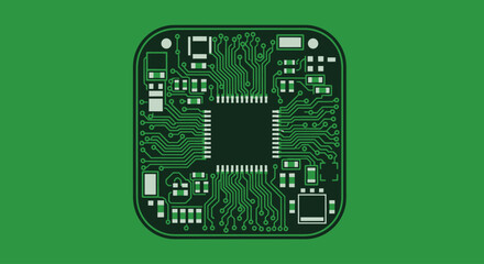 Square electronic circuit board with microchip and components on green background, flat design vector