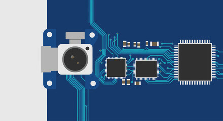 Electronic circuit board with camera module and microchips, flat design vector illustration