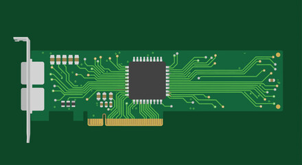 Green circuit board with central processor chip and connection slots, flat design vector illustration.