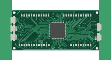 Green printed circuit board with central integrated circuit and connectors, flat design.