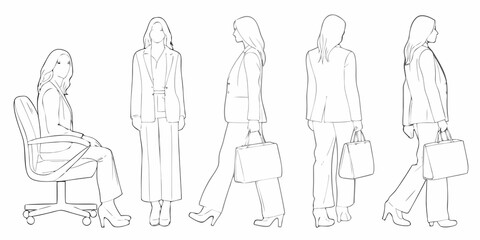 Fototapeta premium Line art illustration of women in business attire various poses and angles