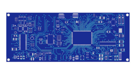 Blue electronic circuit board with complex circuitry and central microchip, flat design vector