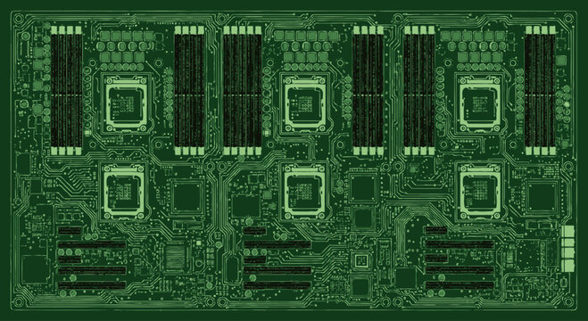 Green electronic circuit board pattern with multiple processors and slots, digital technology.