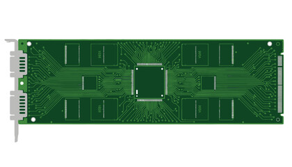 Green circuit board with central processor and memory chips, top-down view, technology concept