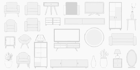 Minimalist furniture arrangement sofas tv stands chairs and decorative elements © Dayal