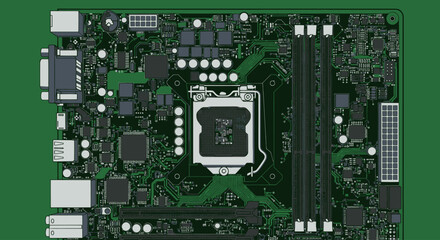 Detailed schematic illustration of a green computer motherboard with intricate circuitry and components.