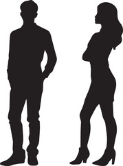 Man and woman standing pose silhouette black full body isolated on white background