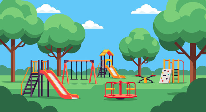 Colorful children's playground equipment in a vibrant outdoor park setting with slides, swings, and a merry-go-round under a blue sky.