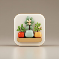 Cute Icon-Style Houseplants on Shelf Display