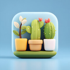 3D Cartoon Cactus and Plant Pots on Shelf