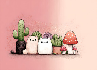 Kawaii Cats and Cactus Garden with Mushrooms