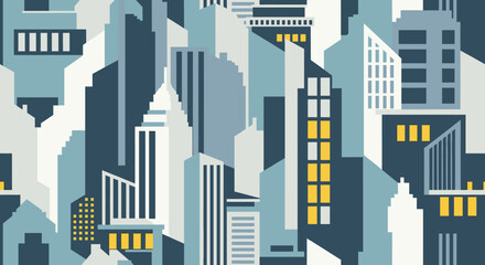 Fototapeta premium Modern urban city skyline buildings illustration featuring abstract geometric shapes and illuminated windows in a seamless pattern.