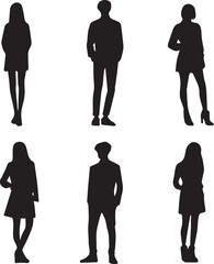 Man and woman standing pose silhouette black full body isolated on white background