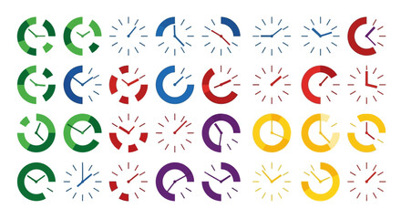 28 Vector Clock and Timer Icons Set: Time, Countdown, Progress, and Duration Symbols for UI, UX, and Infographics