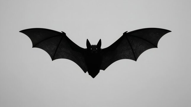 A black bat flying in the gray sky with its wings spread wide