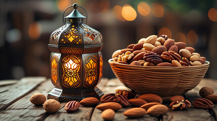 3d a lantern beside a heap of almonds, set against twinkling lights, evoking a cozy, celebratory atmosphere