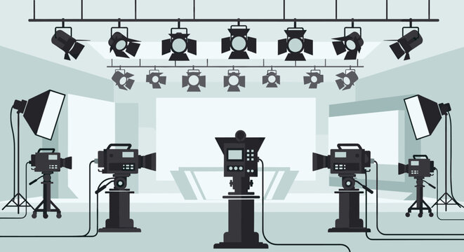 Professional television studio production equipment setup with various lights and cameras arranged for a live broadcast or filming.