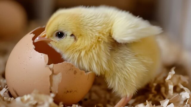 Newborn fluffy chick sitting next to a cracked eggshell on wood shavings