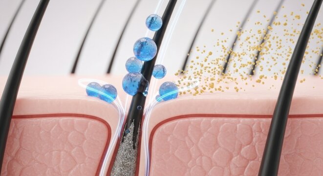 Closeup of hair follicles with blue particles and yellow powder on skin