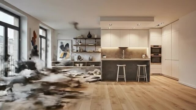 Time lapse shows a room renovation from peeling walls and a cracked ceiling to a living room with sofa, shelving, and ceiling lighting. Concept of renovation and real estate.