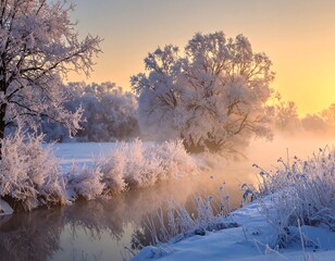 A frosty landscape at dawn featuring a meandering river, snow-covered banks, and trees veiled in frost under a golden sky