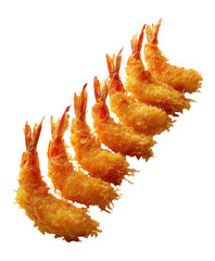 A diagonal line of seven golden-brown, crispy breaded fried shrimp pieces against a deep black background