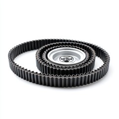 Car engine timing belt kit and pulley isolated on white background