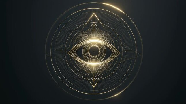 An abstract, non-human Observer symbol a luminous eye formed from soft light and precise geometry, centered and symmetrical. The eye is symbolic and simplified, not realistic, not organic, with no eye