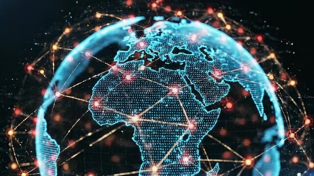 A digital globe shows network nodes and connection lines across continents. Concept of global connectivity and data communication.