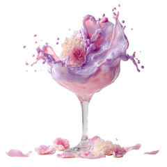 Dynamic splash of pink and purple drink in a glass goblet, with a scoop and scattered petals