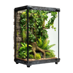Vibrant miniature ecosystem diverse green plants, mossy stump, ivy, stone wall in glass tank