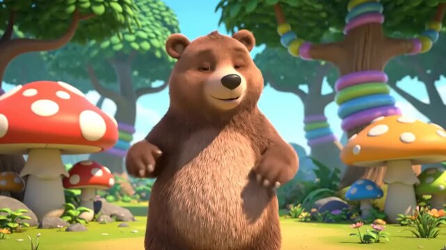 Cartoon bear dancing in magical forest with colorful trees and large toadstools, fun and whimsical, perfect for children's content, bright, happy art.