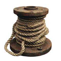 Close-up of a weathered, rusty industrial metal spool tightly wound with thick, braided rope