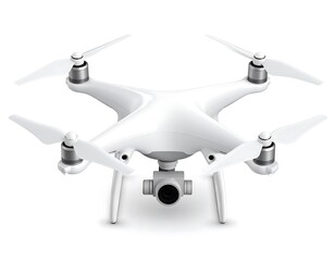 A fully rendered, isolated, white quadcopter drone with four propellers, camera, and landing gear, facing forward