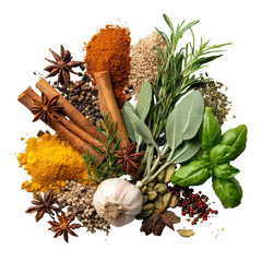 Colorful culinary assortment of dried spices, fresh herbs, and garlic on a dark background