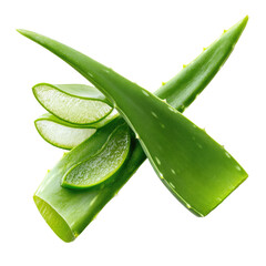 Vibrant green aloe vera leaves crossing, with fresh translucent slices revealing the soothing gel