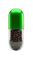 Green-capped clear pill, packed with roasted coffee beans, simulating an energy boost