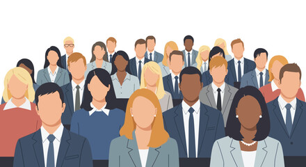 Diverse group of professionally dressed business people attending a large corporate meeting or conference event illustration