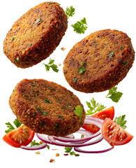 Golden-brown vegetarian patties in motion, with fresh herbs, sliced red onion, and tomato