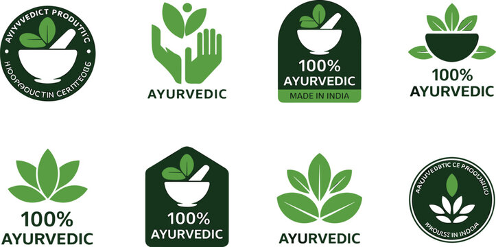 Collection of Ayurvedic logos with leaves, hands, and bowls, symbolizing herbal medicine, wellness, and eco-friendly natural product branding