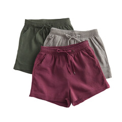 Three comfortable elastic-waist drawstring shorts in olive green, heather grey, and maroon
