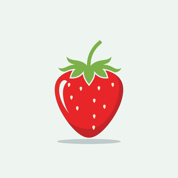 A ripe strawberry with green leaves and white seeds on a plain surface viewed from the front