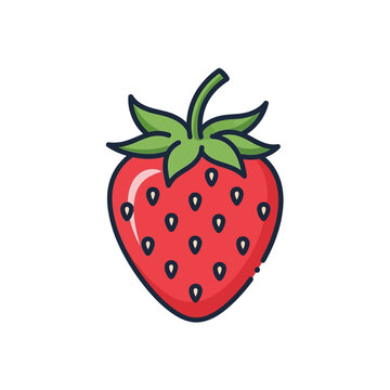 A vibrant cartoon strawberry with green leaves, front view, digital illustration